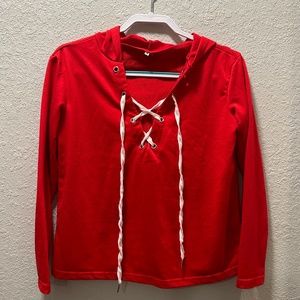 Red Juniors Long Sleeve Hoodie with cross-tie V neck
